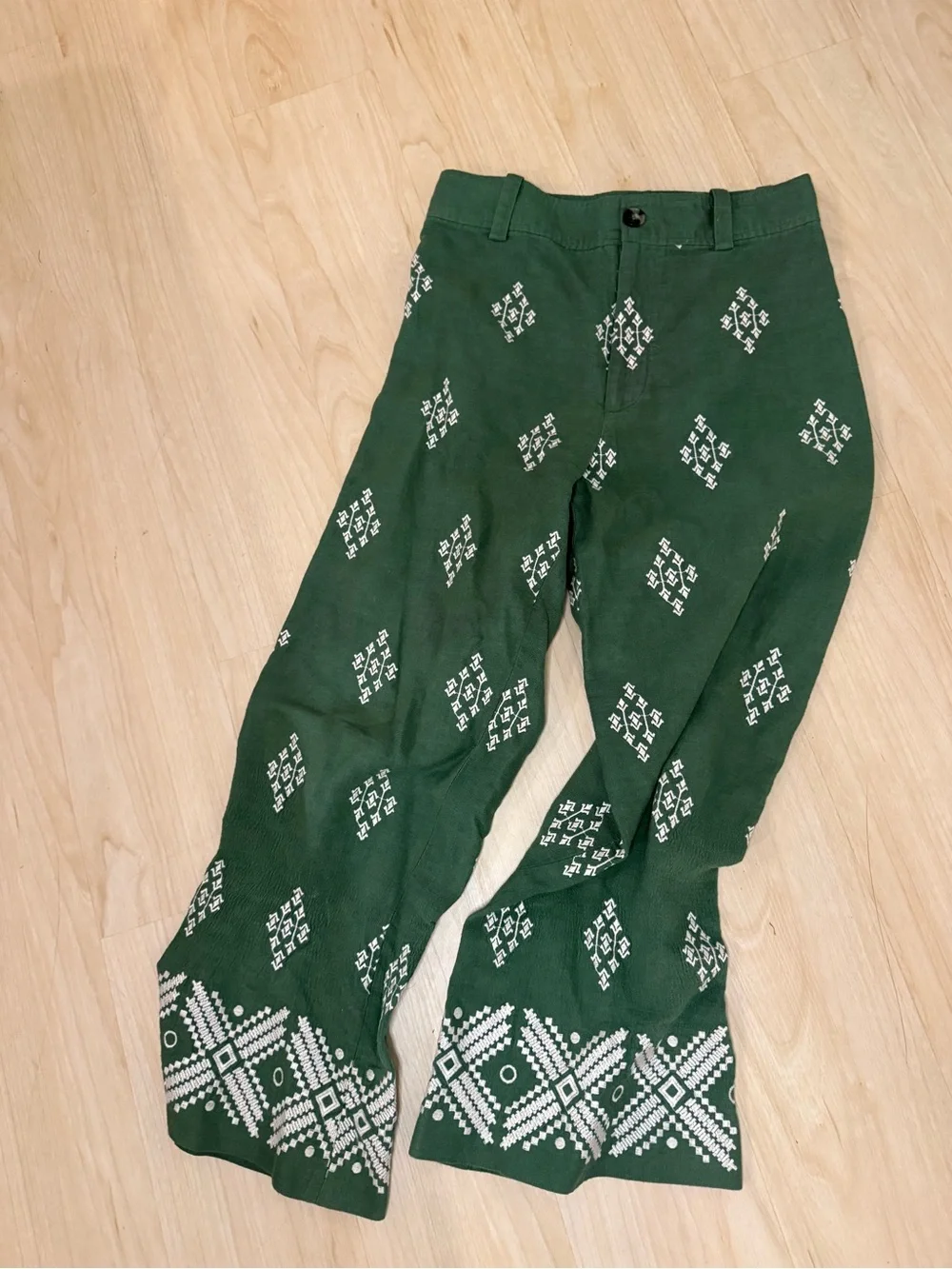 Zara Dark Green linen blend Pants with White Geometric Print